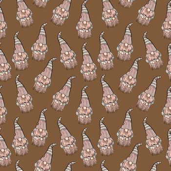 Seamless pattern illustration of a gnome with a beard in a hat. New year and christmas symbol on a dark brown background.