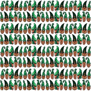 Seamless pattern illustration of a gnome with a beard in a hat. Symbol for the feast of st patrick on white isolated background.