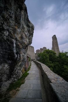 Sacra di San Michele in Turin, view from below of the cliff and walls