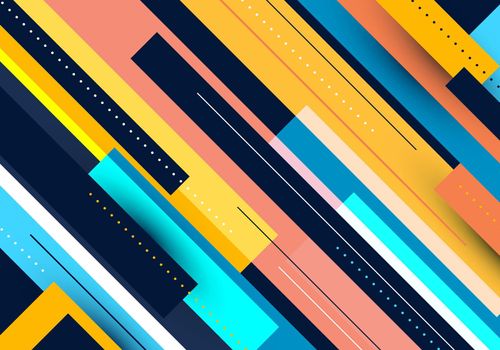 Abstract background bright color diagonal stripes overlapping pattern with lines and dots elements