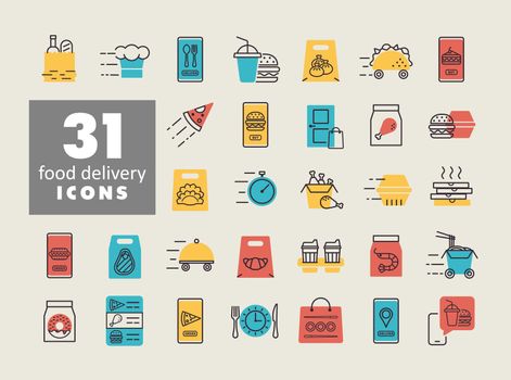 Fast food delivery vector flat icons set. Graph symbol for cooking web site and apps design, logo, app, UI