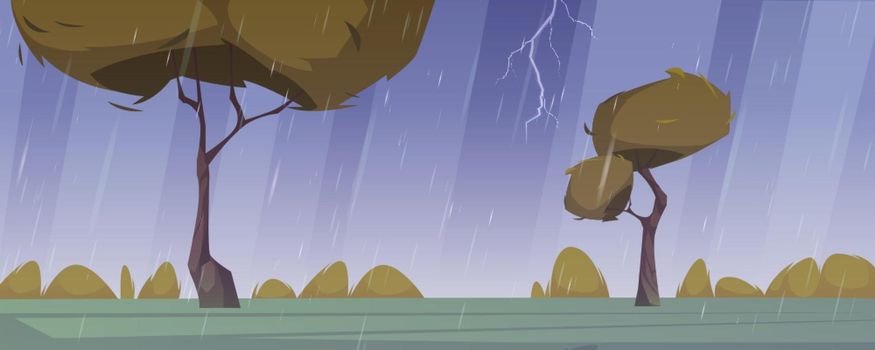 Summer rain cartoon landscape, storm, lightnings