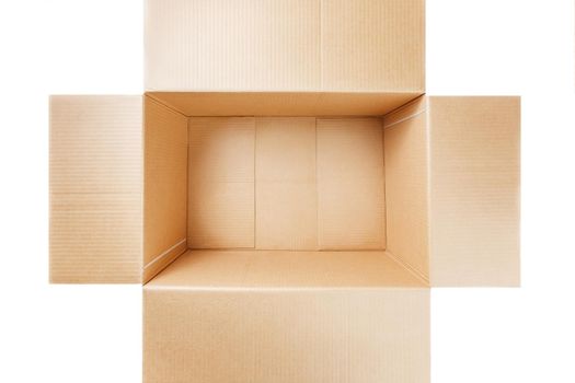 Open cardboard box isolated on white background. Top view.