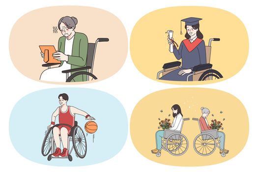 Emotions of wheelchair people concept. Set of young and elderly wheelchair people graduating from university playing basketball buying flowers feeling sad looking at photo vector illustration