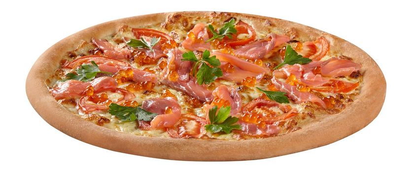 Pizza with smoked salmon, red caviar, cream cheese sauce, melted mozzarella and tomatoes