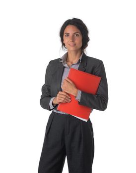 Portrait of smiling business woman with red folder, isolated on white background