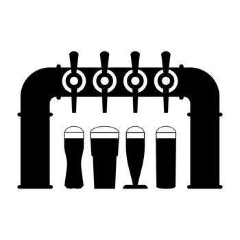 Beer pump with set of taps and handles and full beer glasses with foam. Pouring beer in glass mugs. Vector drawing. Illustration on white background. Black and white silhouette.