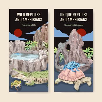 Flyer template with reptiles and amphibians animal concept,watercolor style