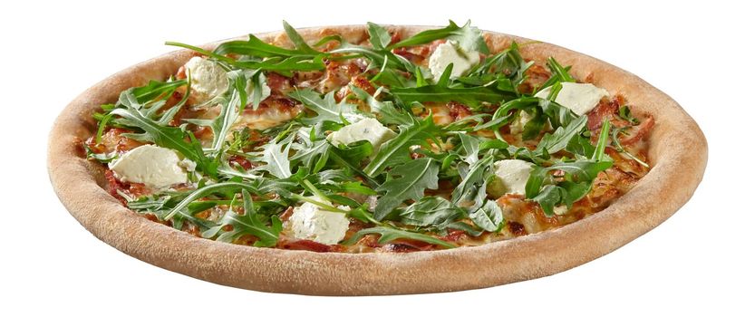 Pizza with ham under melted mozzarella, cream cheese with herbs, fresh arugula isolated on white