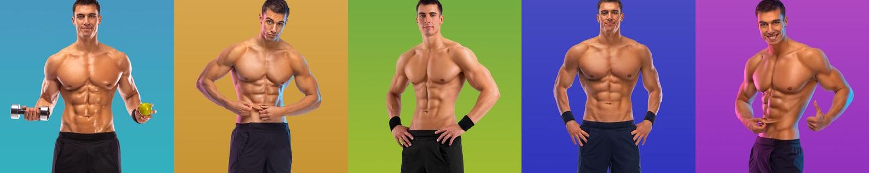Photo set, collage. Man athlete isolated on colorful background. Gym full body workout. Sports trainer on trainging. Fitness motivation.