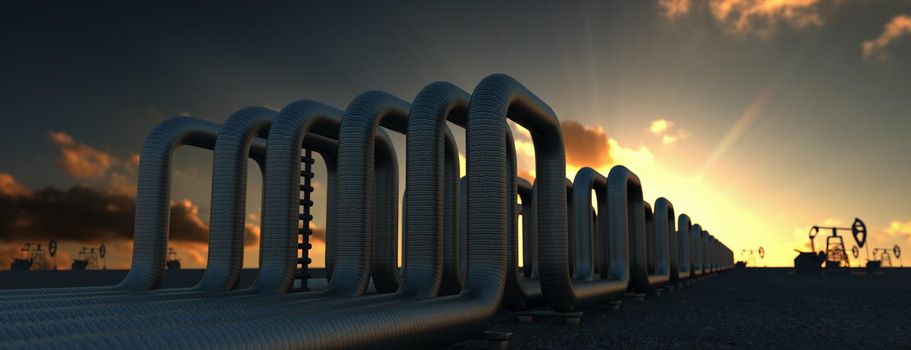 steel long pipes in crude oil factory during sunset. 3d illustration