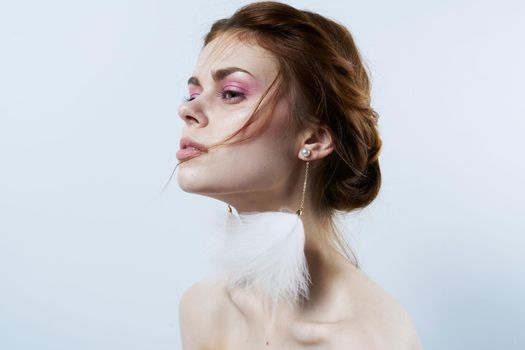 pretty woman fluffy earrings jewelry close-up model