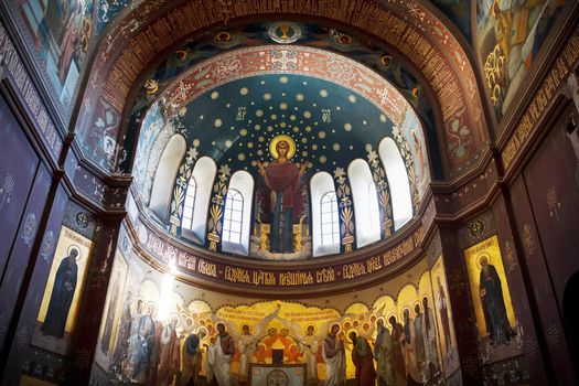 New Athos, Abkhazia Georgia Beautiful interior and dark painted frescoes of Novy Afon orthodox monastery, Abkhazia