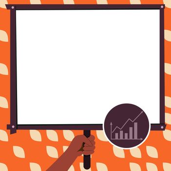 Hand Holding Panel Board Displaying Latest Successful Financial Growth Strategies. Palm Carrying Backdrop Screen Presenting Newest Finance Advancement Plans.