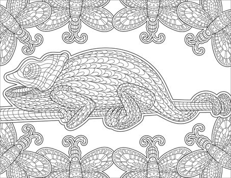 Chameleon Line Drawing Surreounded With Butterfly Frame For Detailed Colouring Book