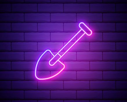 Construction shovel neon icon. Vector illustration for design. Repair tool glowing sign. Construction tools concept isolated on brick wall.