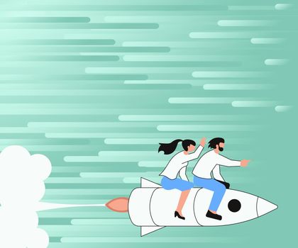 Illustration Of Happy Partners Riding On Fast Rocket Ship Exploring The World. Joyfull Couple Drawing Traveling With Rushing Space Craft Touring Space.