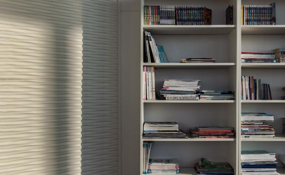 Library of shared facility at living room of home condominium. Different books are arranged on a white bookshelf.