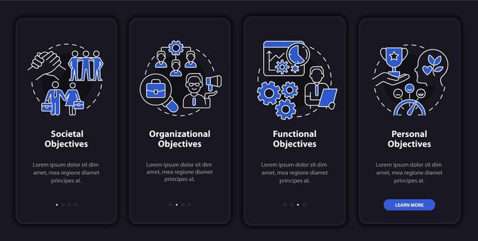 Objective of hr management night mode onboarding mobile app screen