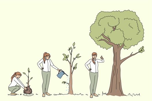 Ecological conversation and ecosystem concept. Young positive women planting watering and growing trees showing thumbs up sign vector illustration