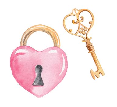 watercolor pink heart shaped padlock and golden key isolated on white background