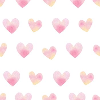 watercolor seamless pattern with pink hearts for valentines day on white background