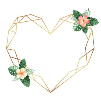 golden heart shape frame with watercolor tropical flowers isolated on white background. Floral geometric border for wedding invitations and cards