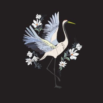 Embroidery with crane bird. Fashion decoration. Design element Vector