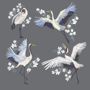 Embroidery with crane bird. Fashion decoration.
