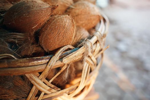 Coconuts in a wicker basket of brown color with fibers lit by sunlight. Stack on the market