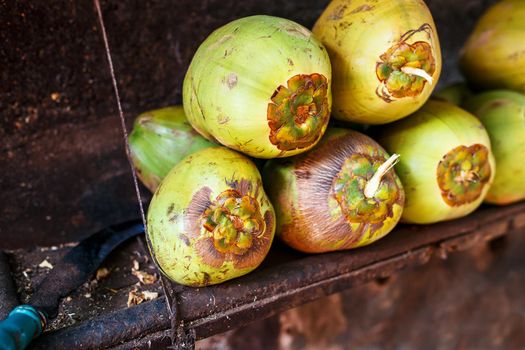 Lots of fresh green coconuts lined with a stack. Close-up market stalls