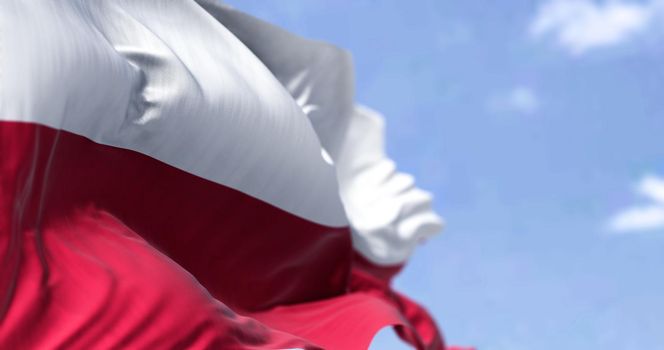 Detail of the national flag of Poland waving in the wind