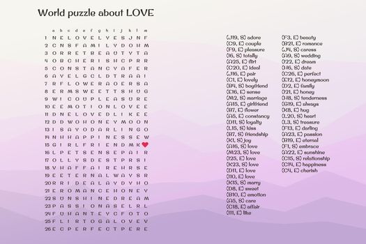 World puzzle crossword about love, iq game test in english