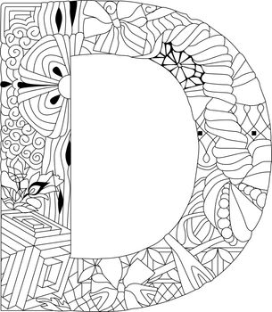 Letter D monogram for coloring, engraving design. Vector illustration.