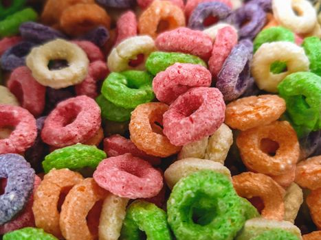 Colorful fruit corn cereal rings. Highly detailed macro close up shot of this nutritious and delicious breakfast and snack favorite.