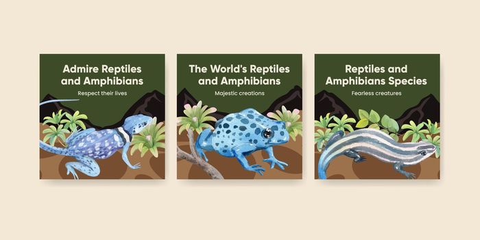 Banner template with reptiles and amphibians animal concept,watercolor style