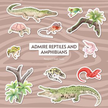 Sticker template with reptiles and amphibians animal concept,watercolor style