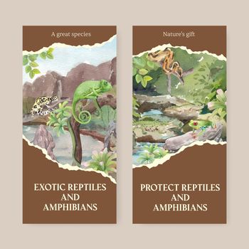 Flyer template with reptiles and amphibians animal concept,watercolor style
