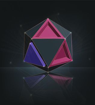 Realistic polyhedron with colored faces on a dark background with reflection and shine