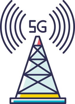 5G cell tower RGB color icon. Wireless technology. Fast Internet connection. Mobile cellular network coverage. Telecommunications antenna. Isolated vector illustration