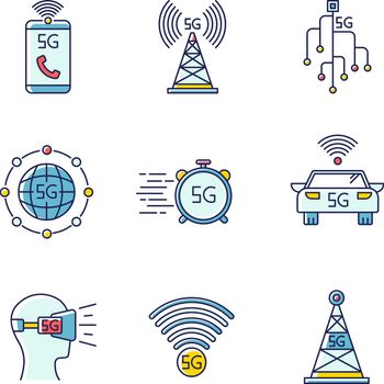5G wireless technology RGB color icons set. Cell tower, improved phone calls. VR headset. Fast connection. Mobile cellular network. Isolated vector illustrations