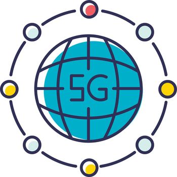 5G global standard RGB color icon. World coverage. Worldwide deployment. Fast Internet connection. Wireless technology. Mobile cellular network. Isolated vector illustration