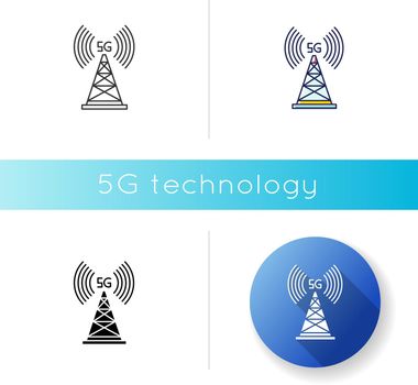 5G cell tower icon. Wireless technology. Fast connection. Mobile cellular network coverage. Telecommunications antenna. Linear black and RGB color styles. Isolated vector illustrations