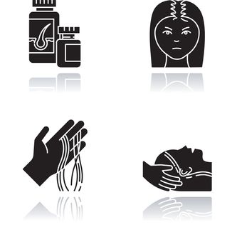 Hair loss drop shadow black glyph icons set. Female baldness. Alopecia treatment. Woman with thinning hair. Strands of hair on hand. Vitamin supplements. Isolated vector illustrations on white space