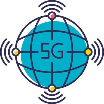5g worldwide availability RGB color icon. Global deployment. Mobile cellular network coverage. Wireless technology. High quality signal. Isolated vector illustration