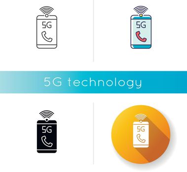 5G mobile network icon. Improved standard for phone calls, voice messages. Communication. Wireless technology. Linear black and RGB color styles. Isolated vector illustrations