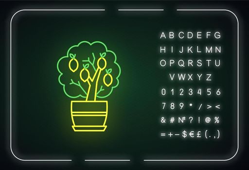 Miniature lemon tree neon light icon. Potted citrus. Indoor plant with yellow fruit. Outer glowing effect. Sign with alphabet, numbers and symbols. Vector isolated RGB color illustration