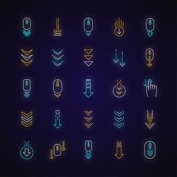Scroll down neon light icons set. Internet page browsing and download indicators. Downward arrows. Website pointer. Signs with outer glowing effect. Vector isolated RGB color illustrations