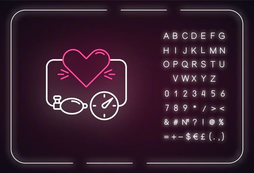 High blood pressure neon light icon. Heart disease. Arterial pressure measure. Cardio treatment. Outer glowing effect. Sign with alphabet, numbers and symbols. Vector isolated RGB color illustration