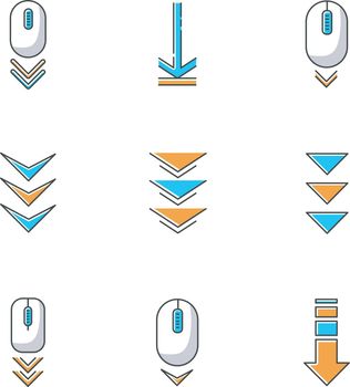 Scroll down buttons RGB color icons set. Internet page browsing and download indicators. Computer mouse and downward arrows. Web cursor. PC elements with arrowheads. Isolated vector illustrations